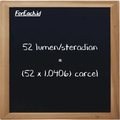 How to convert lumen/steradian to carcel: 52 lumen/steradian (lm/sr) is equivalent to 52 times 1.0406 carcel (car)